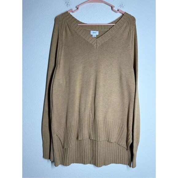 Old Navy Womens Cotton Blend Sweater Tan Long Sleeve V Neck Knit Sz L See Notes - Picture 1 of 12